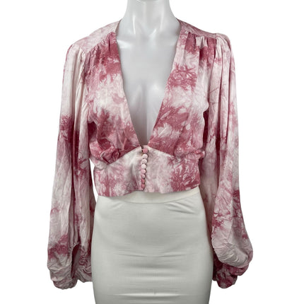 Signature8 Pink Tie Dye Deep V Neck Long Balloon Sleeve Blouse Crop Top Size M