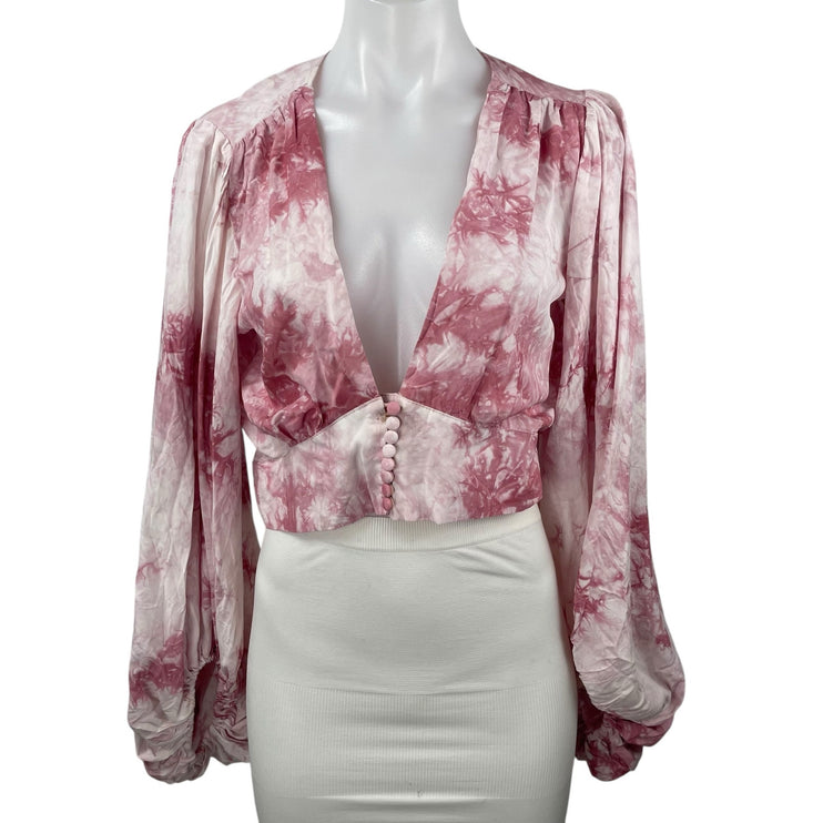 Signature8 Pink Tie Dye Deep V Neck Long Balloon Sleeve Blouse Crop Top Size M