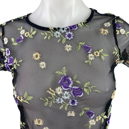 Urban Outfitters Black Lilac Floral Embroidered Sheer Short Sleeve Crop Top S