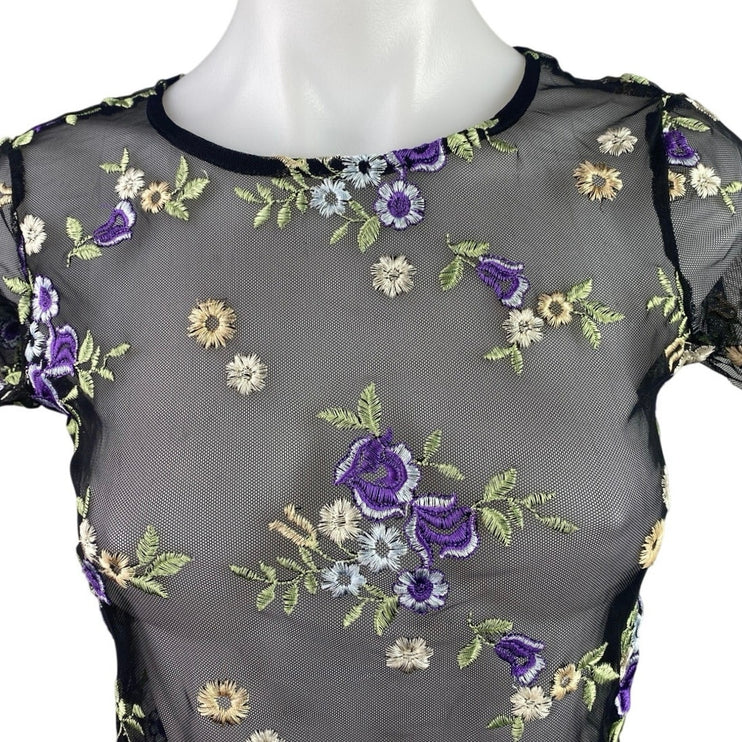 Urban Outfitters Black Lilac Floral Embroidered Sheer Short Sleeve Crop Top S