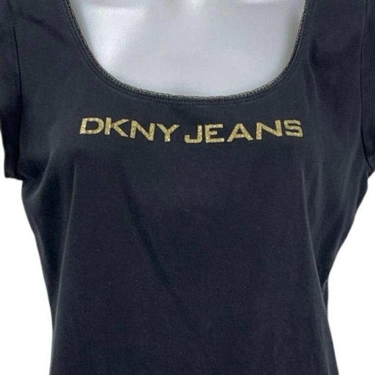 DKNY Jeans Women's Black Short Cap Sleeve Scoop Neck T Shirt Tee Top Size XL