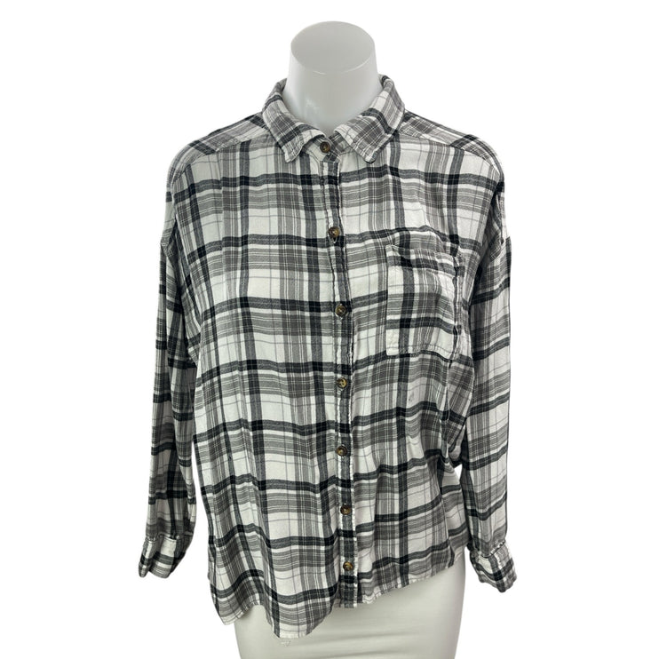 Hollister Gray Plaid Check Collared Long Sleeve Button Down Flannel Shirt Top M