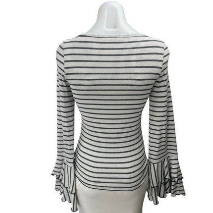 Free People Good Find White Black Striped Ruffle Long Bell Sleeve Sweater Top XS