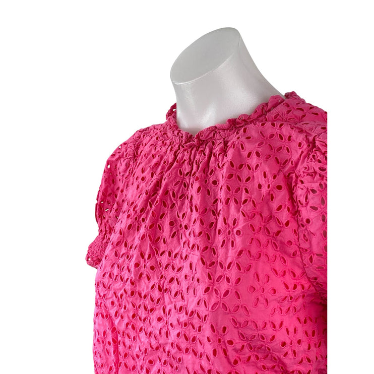 J,Crew Women's Pink Embroidered Eyelet Short Puff Sleeve Mock Neck Blouse Top S