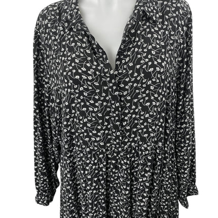 MONKL Black White Floral Long Sleeve Collared Pleated Midi Swing Dress Size XL