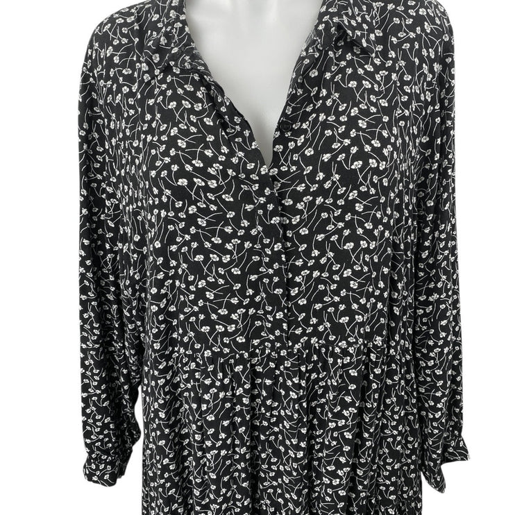 MONKL Black White Floral Long Sleeve Collared Pleated Midi Swing Dress Size XL