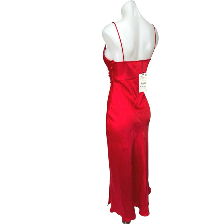 NEW Zara Womens Red Silk Satin Sleeveless Button V Neck Sheath Midi Dress Size S