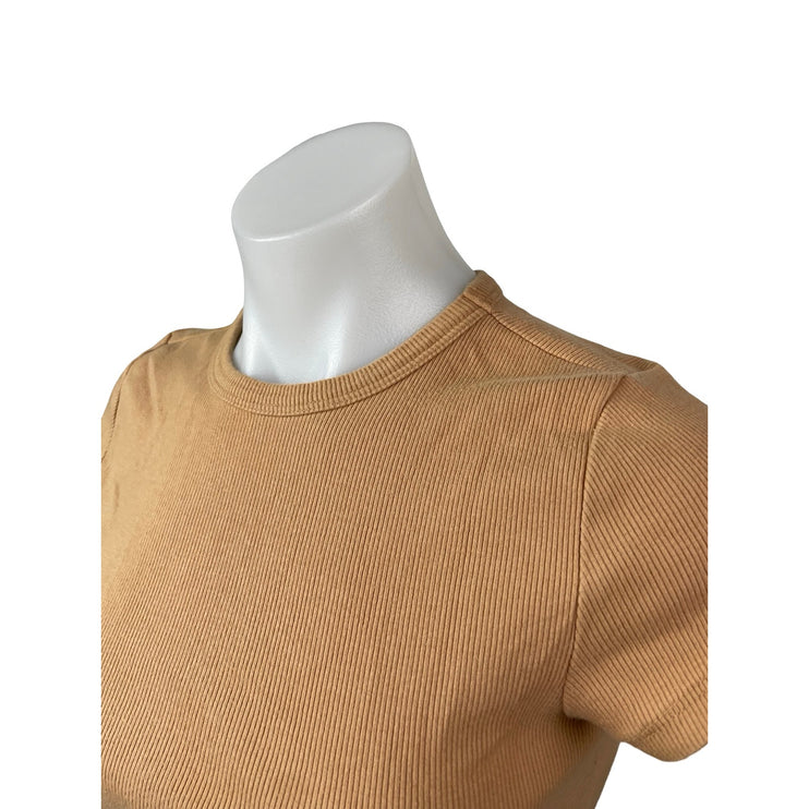 Anthropologie Maeve Tan Ribbed Knit Short Sleeve Baby Tee T Shirt Top Size M