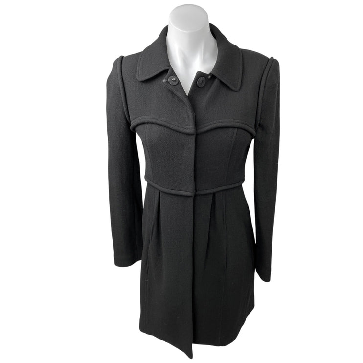 Tibi Black 100% Wool Button Collar Long Sleeve Pleated A-Line Shirt Dress Size 2