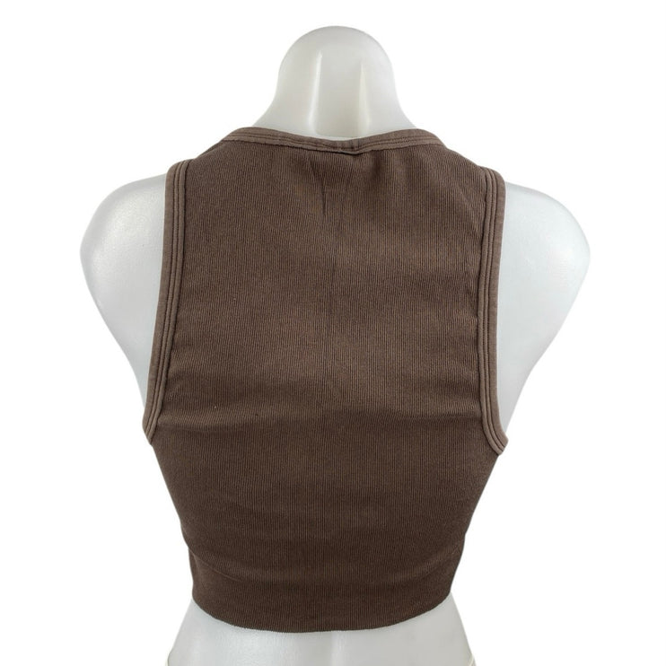 Aritzia TNA Women Brown Sculpt Sleeveless High Neck Rib Knit Tank Crop Top Size M