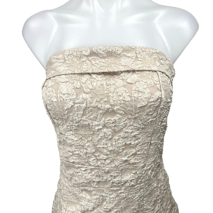 Shein Beige Floral Textured Strapless Cutout Smocked Mini Bodycon Dress Size M