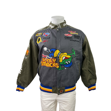 VTG JH Design NASCAR Kellogg's Honey Smacks Gray Green Racing Bomber Jacket Sz L