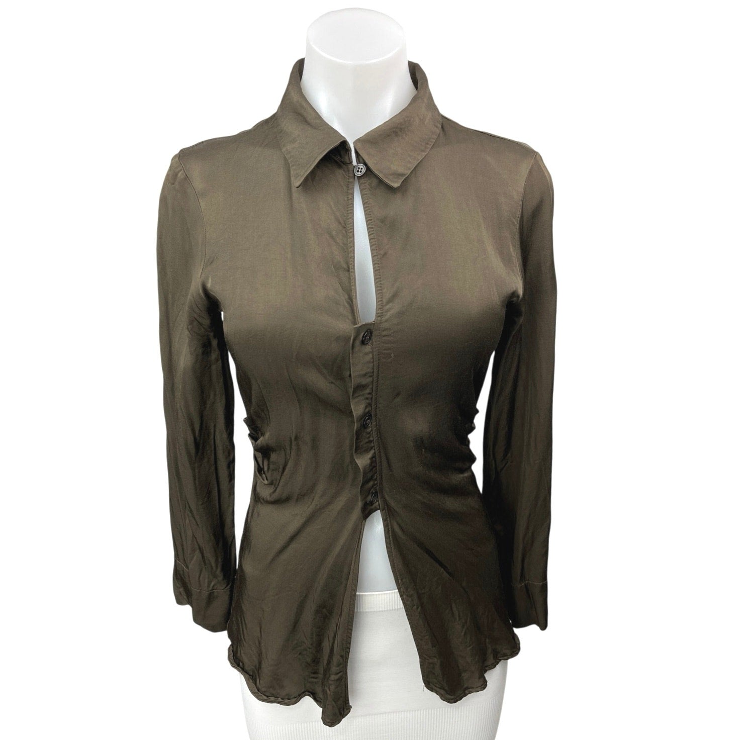 Zara Brown Satin Silk Keyhole Long Sleeve Fitted Button Down Shirt Top Brie Zara Brown Satin Silk Keyhole Long Sleeve Fitted Button Down Shirt Top Brie