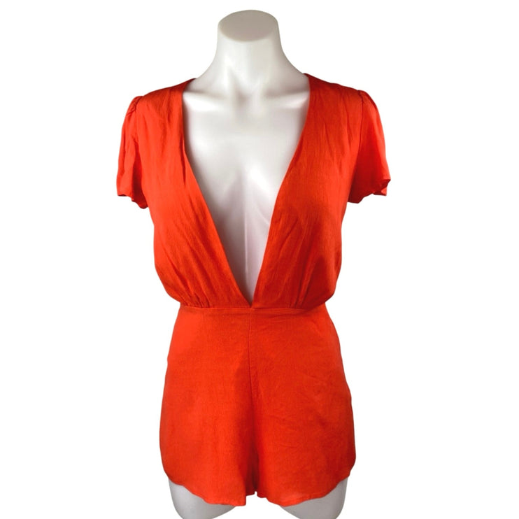 Superdown Orange Short Sleeve Plunging V-Neck One Piece Romper Shorts Size S