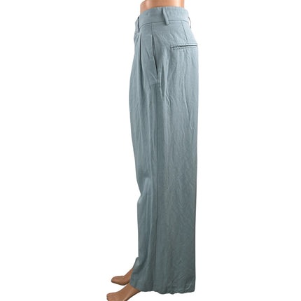 Zara Women's Blue Linen High Waisted Pleated Wide Leg Trousers Pants Size M