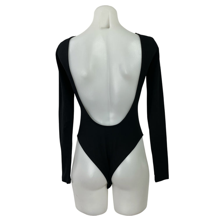 Something New Women's Black Long Sleeve Open Back Thong Bodysuit Top Size S
