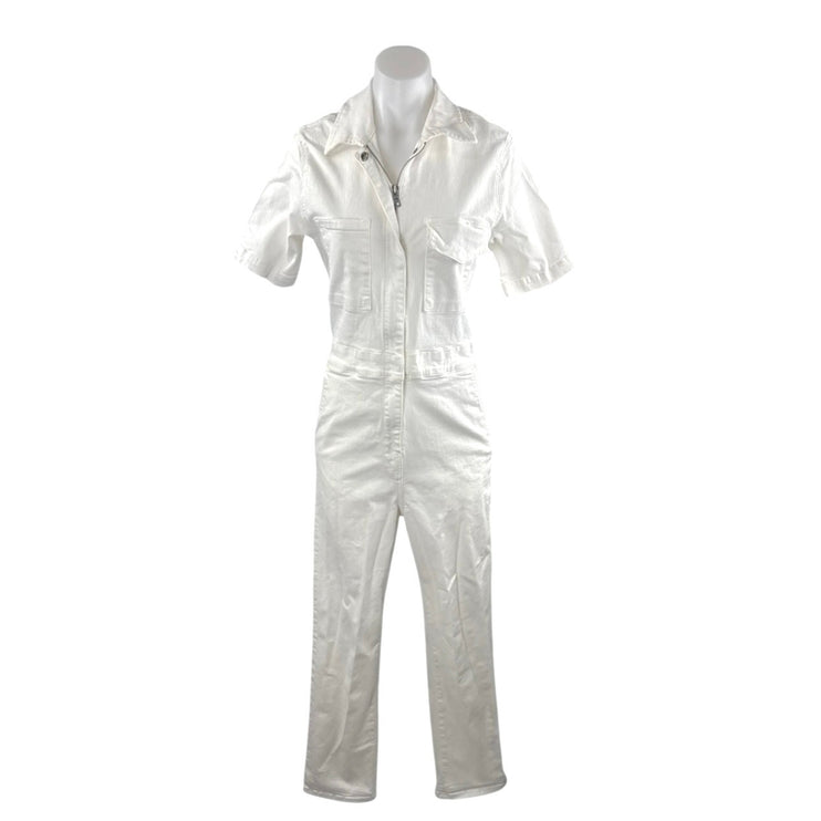 Rivet Utility Women's White Zip Up Short Sleeve Denim Jean Coverall Jumpsuit M