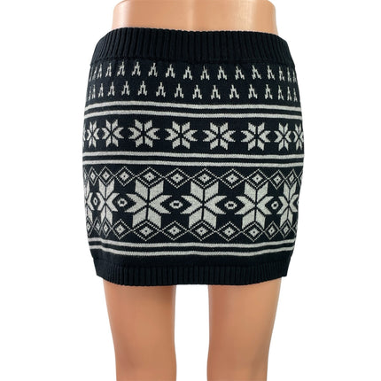 Cherokee Women Black Fair Isle Knit Rib Trim High Waist Pencil Mini Skirt Size L