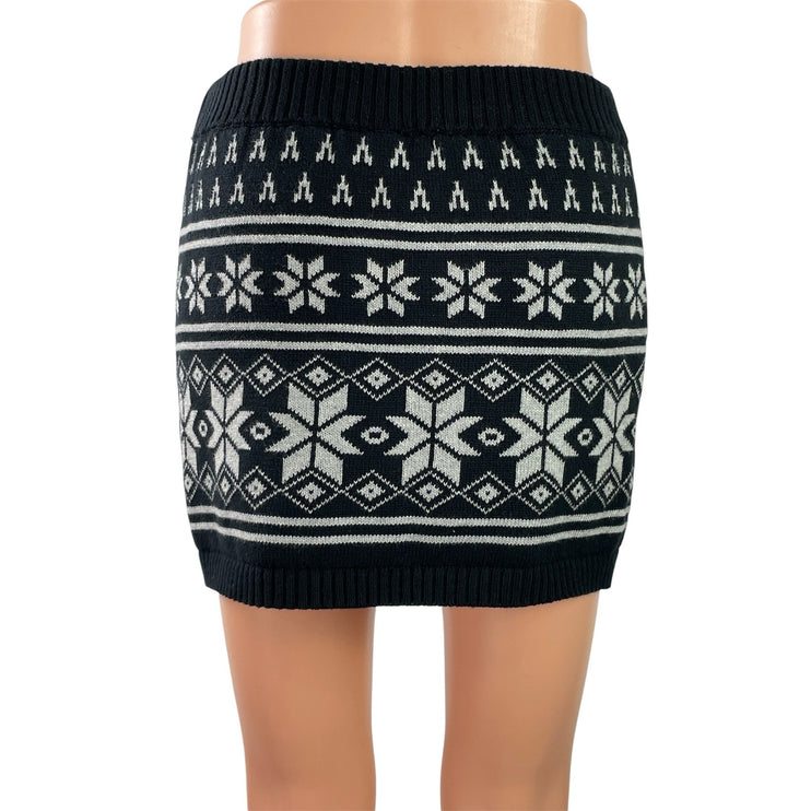 Cherokee Women Black Fair Isle Knit Rib Trim High Waist Pencil Mini Skirt Size L