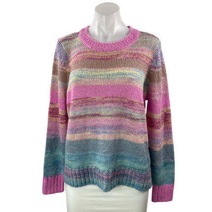 Ann Taylor LOFT Rainbow Spacedye Knit Striped Pastel Crew Neck Sweater Top Sz L