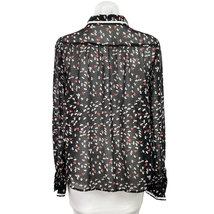 Modcloth Women's Black Floral Long Sleeve Sheer Button Down Shirt Top Size M