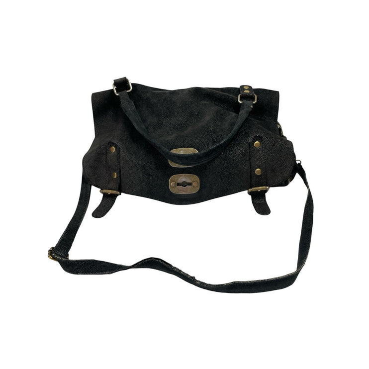 TUSCANY Womens Black Suede Leather Ajustable Crossbody Bag Handbag Purse