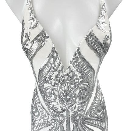 Windsor Gray Silver Sequin Sleeveless Plunging Cami Tank Mini Bodycon Dress OS