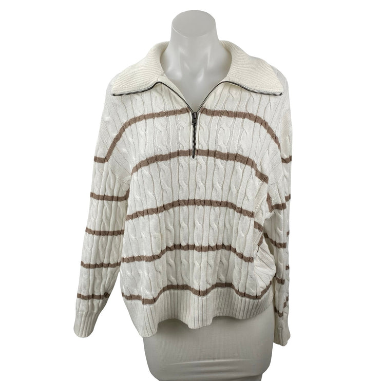 Hollister Womens White Brown Cable Knit 1/4 Zip Collared Polo Sweater Top Size S