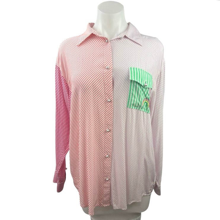 Terez Multi Colorblock Striped Collared Long Sleeve Button Up Shirt Top Size S