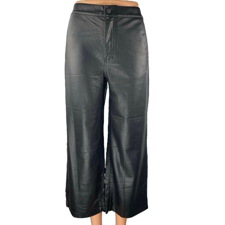 Oak + Fort Women's Black Faux Leather Vegan Wide Leg  Crop Trousers Pants Size S