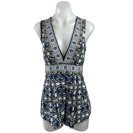 Forever 21 Blue Sleeveless Plunge Pattern Resort Beach Wear Romper Shorts Size S