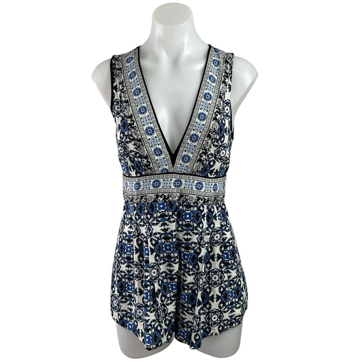 Forever 21 Blue Sleeveless Plunge Pattern Resort Beach Wear Romper Shorts Size S