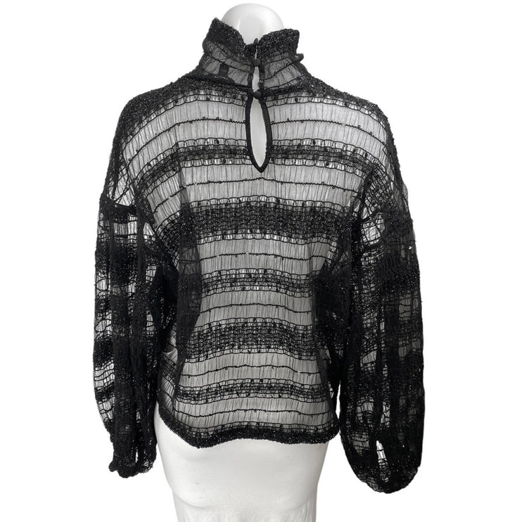 Express Women's Black Metallic Lace Long Sleeve Turtleneck Sheer Blouse Top Sz M