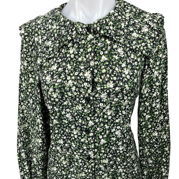 & Other Stories Black Green Floral Long Sleeve Peasant Mini Sheath Dress Sz 6