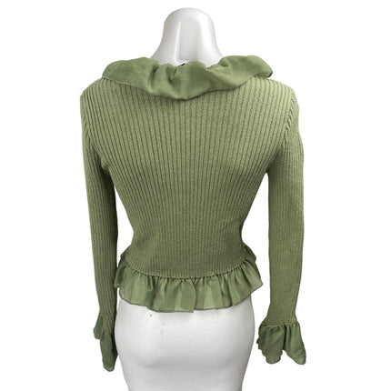 Zara Green Ruffle Flounce Long Sleeve Ribbed Knit Tie Cardigan Crop Top Size S