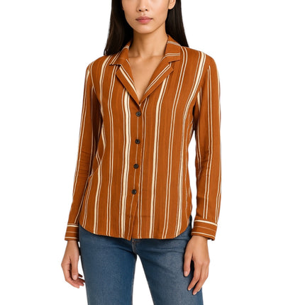 Lulus Orange Tan Striped Long Sleeve Collared Button Down Shirt Blouse Top Sz XS