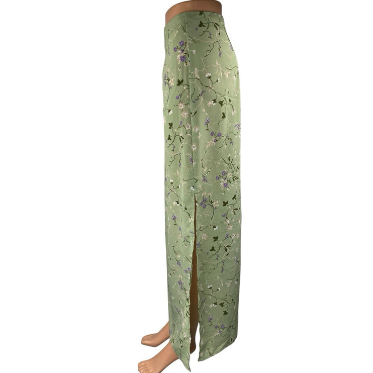 Vintage La Belle Green Floral High Waisted Side Slit Straight Maxi Slip Skirt 11