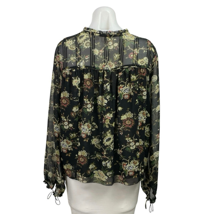 Aritzia Wilfred Black Floral Long Sleeve Chiffon Mesh Ruffle Blouse Top Size S