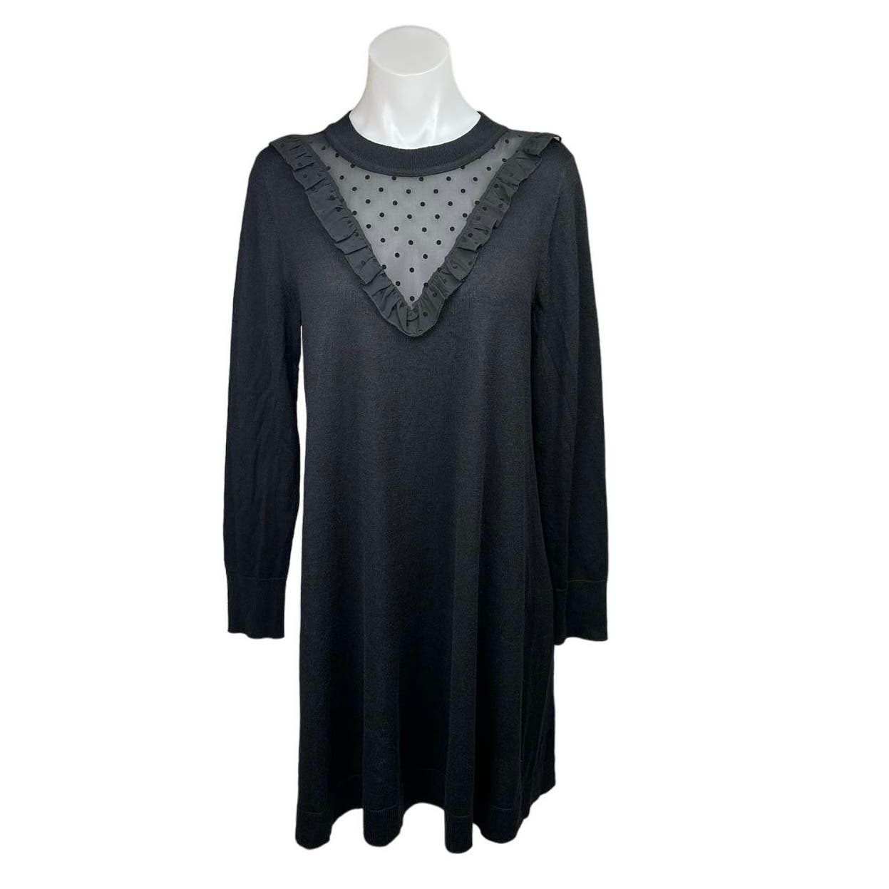 Ann Taylor LOFT Black Polka Dot Mesh Ruffles Long Sleeve Midi Sweater Brie Ann Taylor LOFT Black Polka Dot Mesh Ruffles Long Sleeve Midi Sweater Brie
