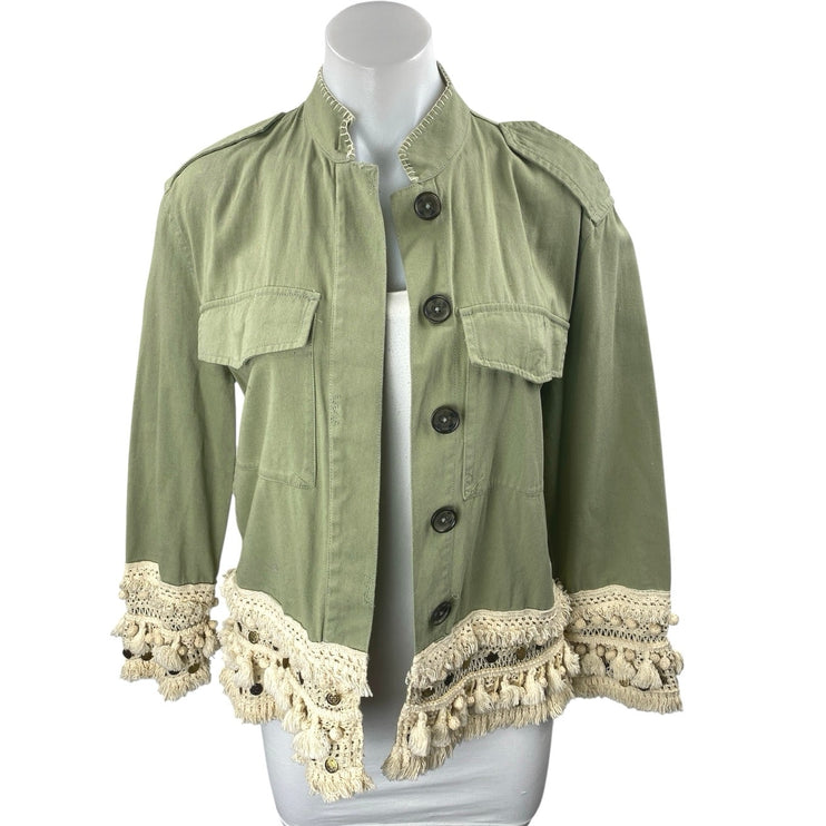 Zara Green Crochet Fringe Trim Button Front Pockets Long Sleeve Jacket Size XS