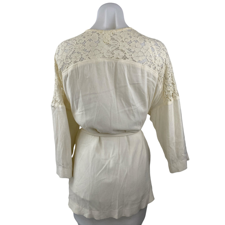 H&M Cream Floral Lace Long Sleeve Tie Belted Robe Cardigan Sweater Top Size S