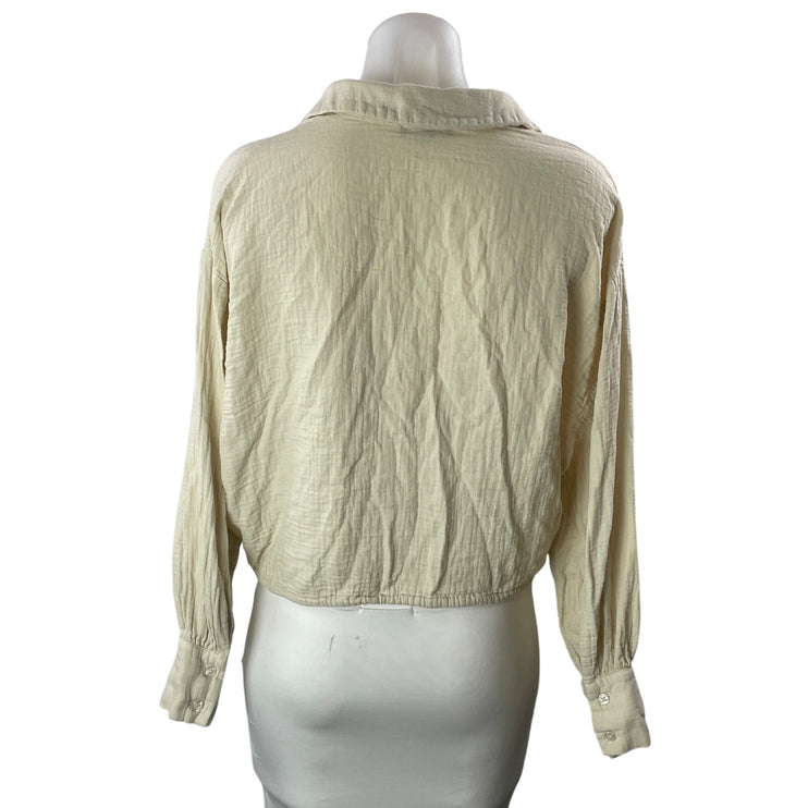 Drew Women's Beige Long Sleeve Tie Hem Cotton Button Down Shirt Top Size M