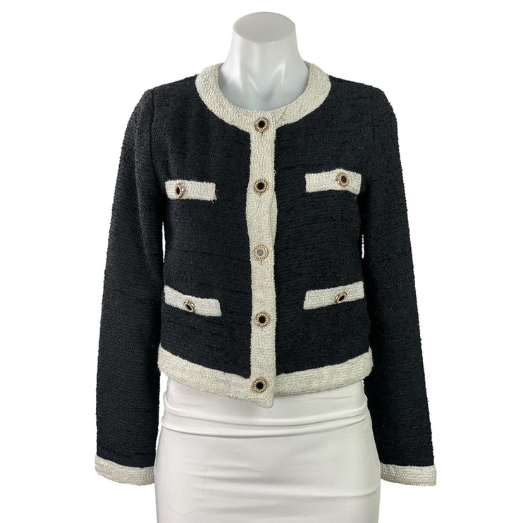 Aqua Women's Black Long Sleeve Cropped Tweed Button Up Cardigan Jacket Size XS