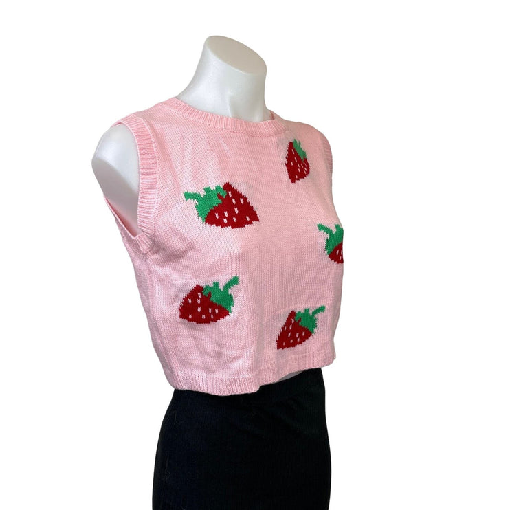 Shein Women Pink Strawberry Print Knit Crew Neck Crop Sleeveless Vest Sweater  S