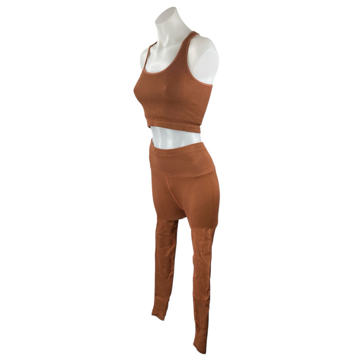 Spiritual Gangster Brown Ribbed Knit Athletic Top High Rise Legging 2 Pc Set M/L
