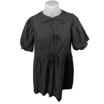 NEW H&M Black Short Puff Sleeve Lace Up Crew Neck Mini A Line Dress Size XL