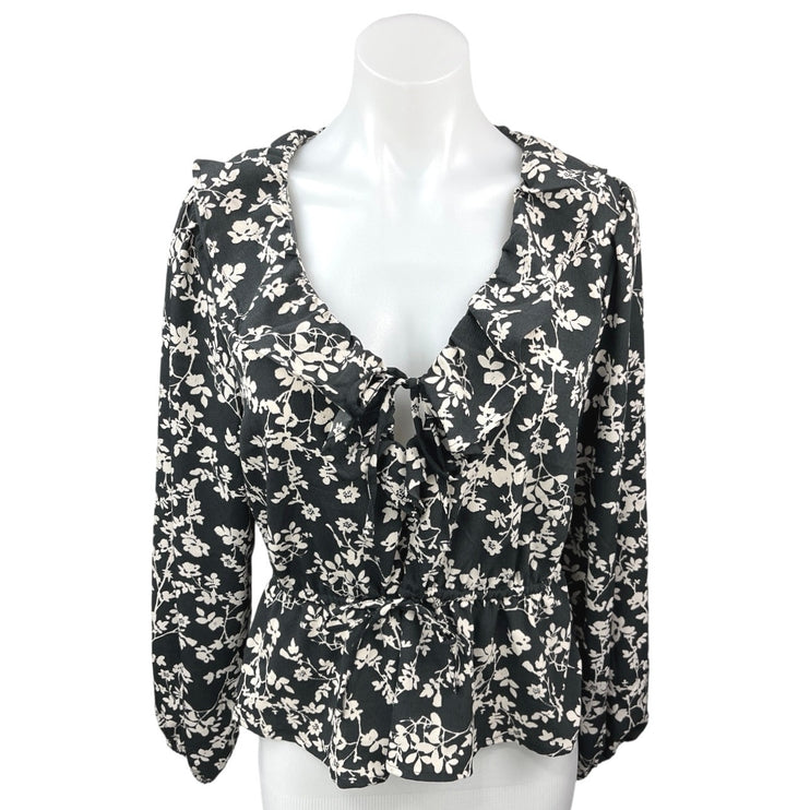 Old Navy Black Ivory Floral Tie Neck V Neck Ruffle Long Sleeve Blouse Top Size M