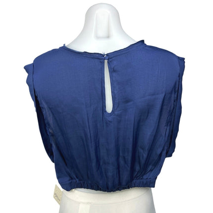 NEW Free People Silk Satin Remi Smokey Sapphire Cuffed Cap Sleeve Crop Top Sz L