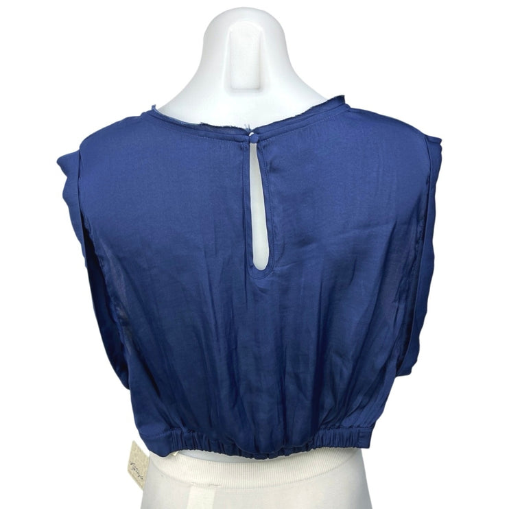 NEW Free People Silk Satin Remi Smokey Sapphire Cuffed Cap Sleeve Crop Top Sz L