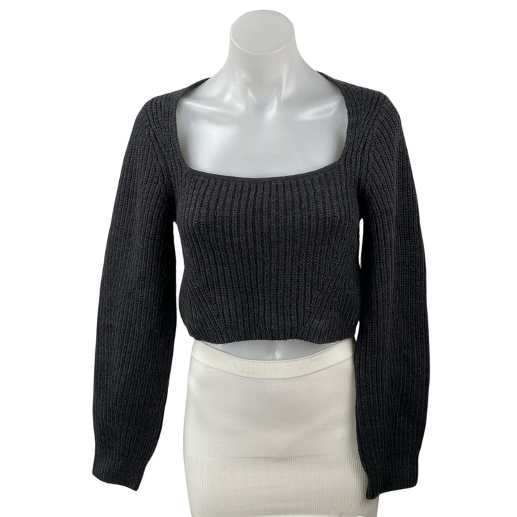 Zara Womens Black Wool Ribbed Knit Square Neck Long Sleeve Cropped Sweater Top S